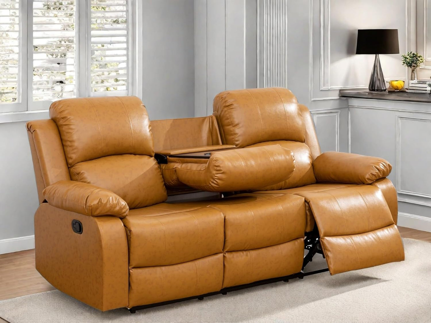 Leather Recliner Sofa Couch, 3-Seater Home Theater Seating Reclining Sofa, Power Reclining Couch with Cup Holders & Drop Down Table for Living Room Furniture Sets, Orange