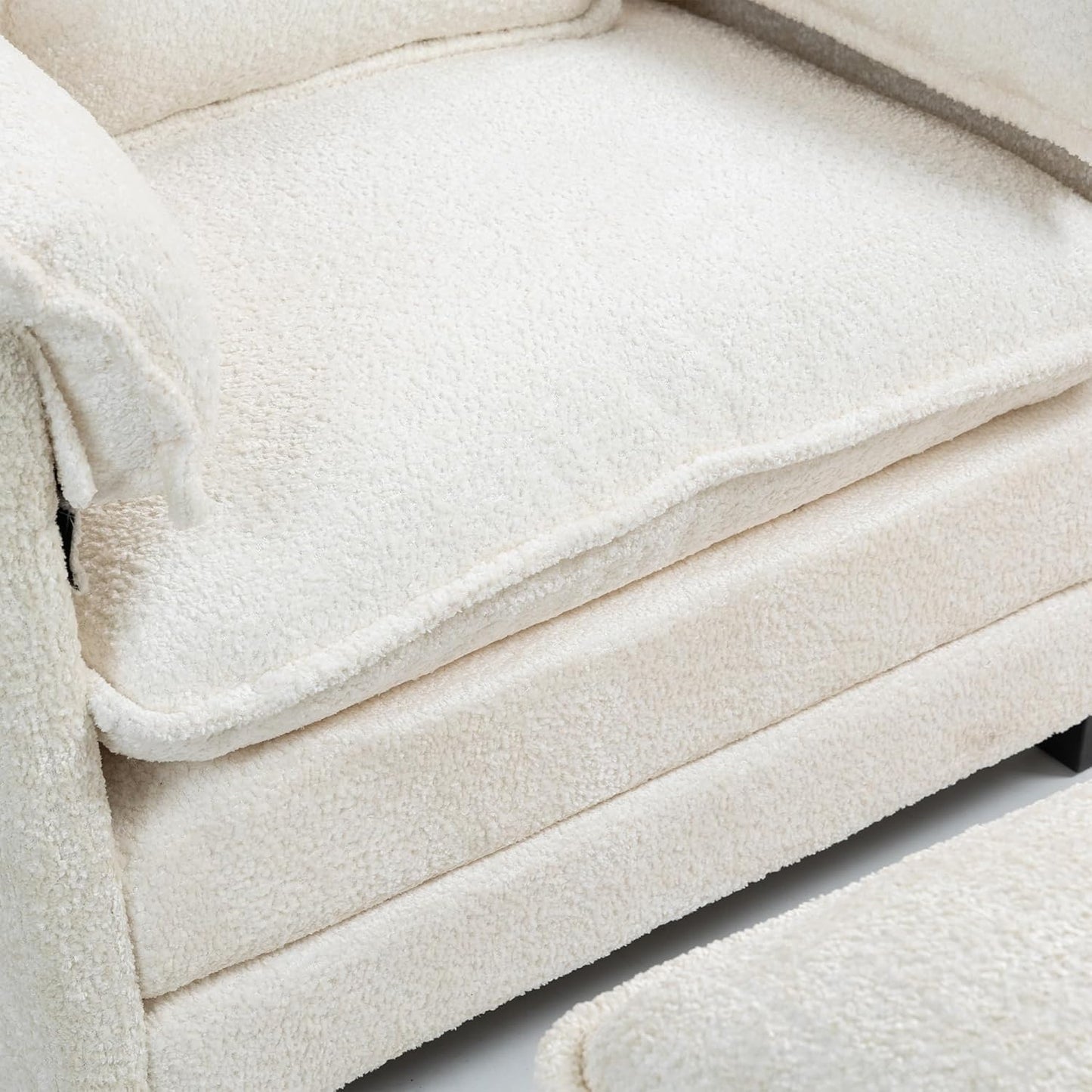 Furniliving Oversized Accent Chairs with Ottoman, Luxury Boucle Single Sofa, Upholstered Deep Seat Chaise Lounge with Pillows for Living Room, Bedroom, Apartment, Beige