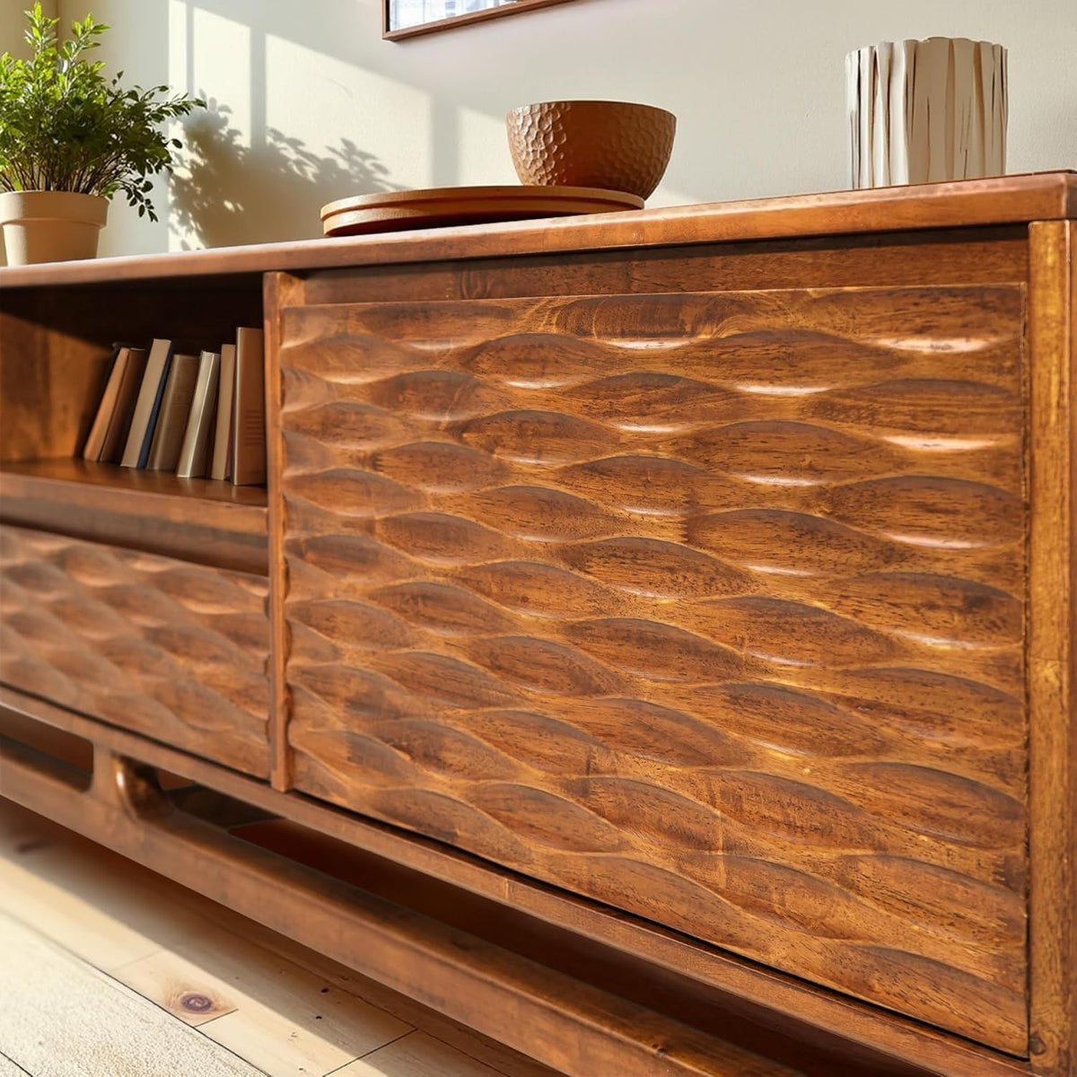 Acacia Elara Wood TV Stand for TVs up to 75+ Inch Entertainment Center with Storage Shelves and Cable Management, Mid Century Modern TV Media Console Wood TV Stands for Living Room Bedroom, Walnut