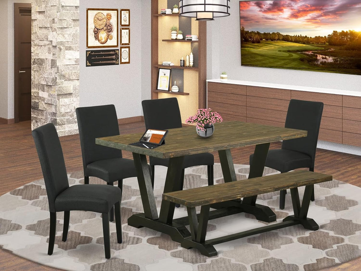 East West Furniture V676DR124-6 6 Piece Dining Set Contains a Rectangle Dining Room Table with V-Legs and 4 Black Color Linen Fabric Parson Chairs with a Bench, 36x60 Inch, Multi-Color
