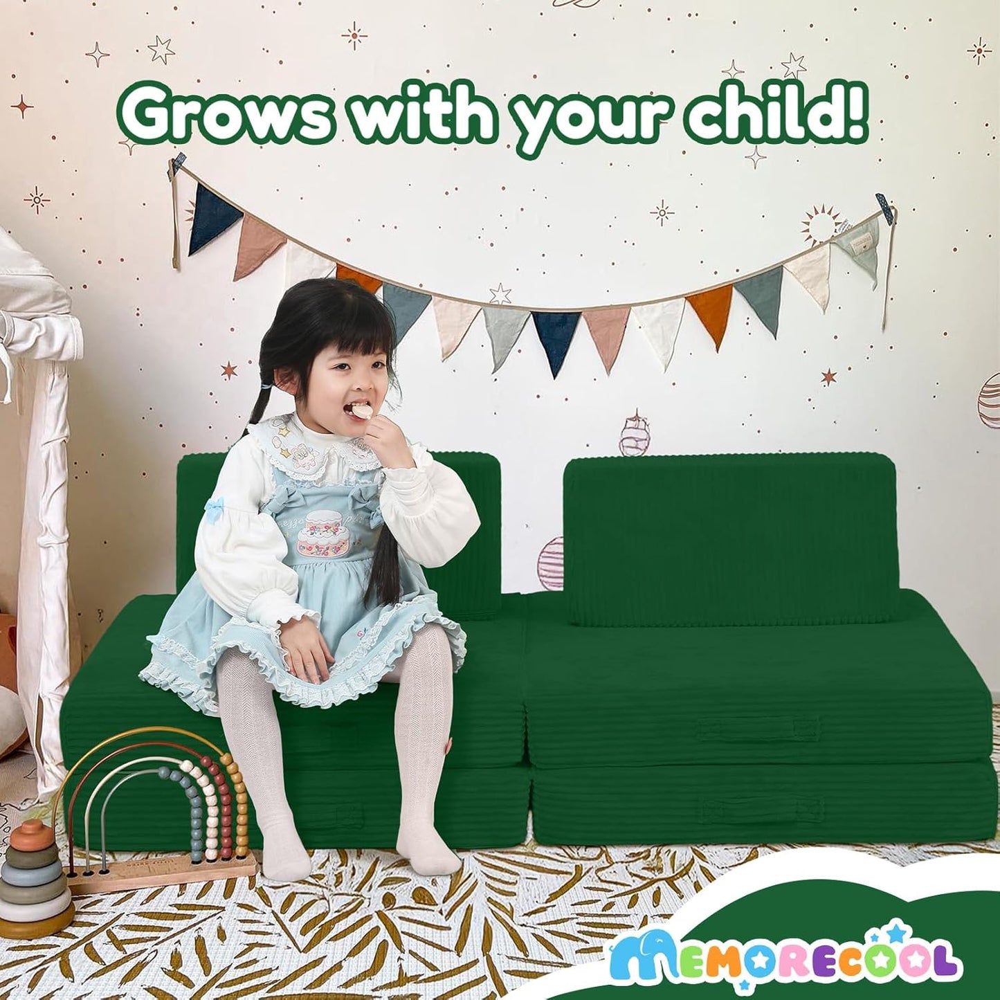 MeMoreCool Kids Couch for Playroom, Corduroy Convertible Toddler Couch, 8 Piece Modular Play Sofa, Foam Fort Building Set for Child Room Furniture, Green