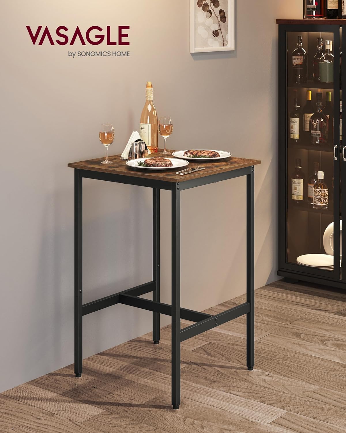 VASAGLE Bar Table, Small Kitchen Dining Table, High Top Pub Table, Bar Height Cocktail Table for Living Room Party, Sturdy Metal, 23.6 x 23.6 x 35.4 Inches for Narrow Spaces, Rustic Brown and Black