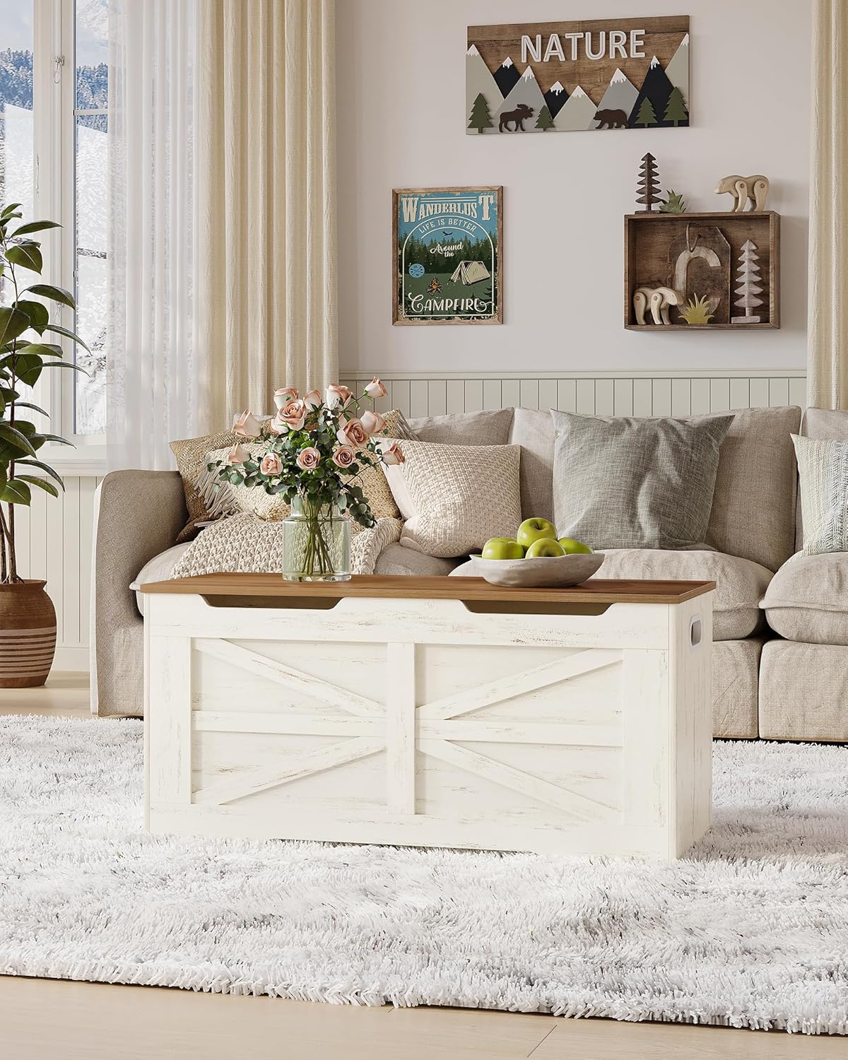 39.4" Storage Chest, Extra Large Storage Trunk with 2 Safety Hinges, Wooden Box Bench, Lift-Top Organizer Chest, Shoe Bench for Entryway, Bedroom, Living Room, White and Brown SB03414X