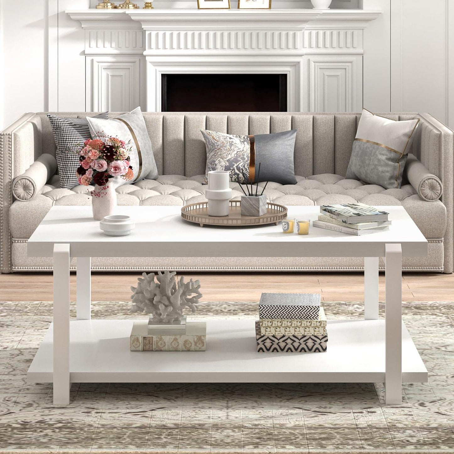 FOLUBAN White Coffee Table, Modern Rustic Wood and Metal Center Table with Storage Shelf, Rectangle Cocktail Tea Table for Living Room, 42 Inch
