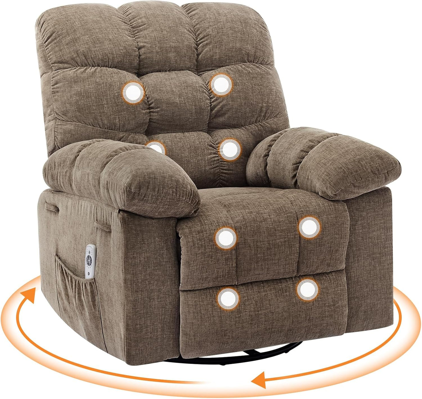 Rocking Recliner Chair with Vibration Massage & Heat, 360° Swivel Oversized Rocker Recliner with Side Pocket for Living Room, Bedroom & Nursery