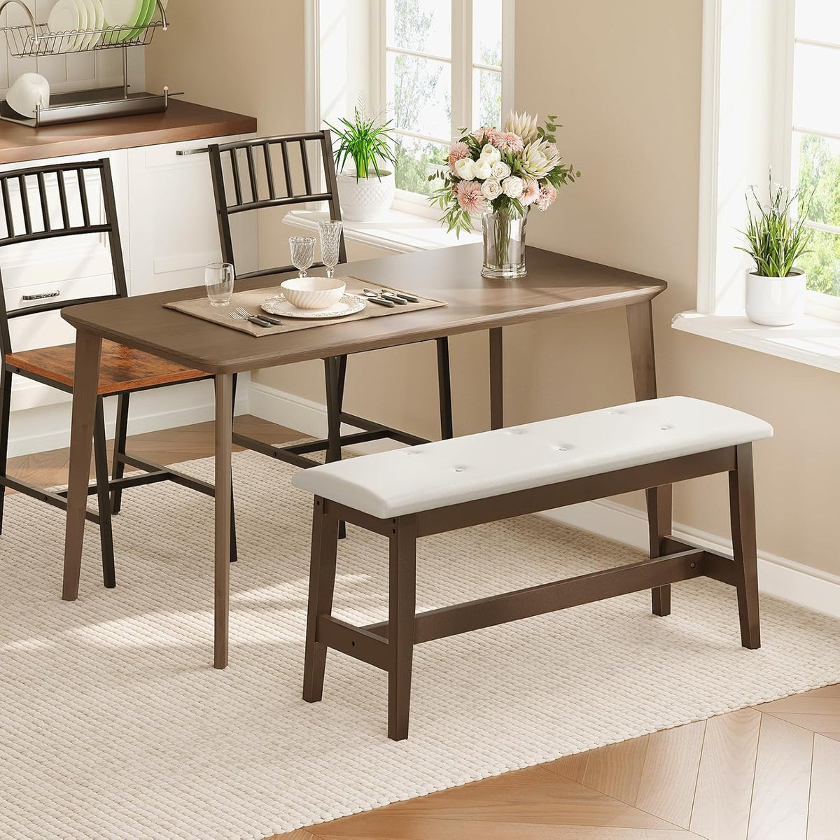 HOOBRO Dining Bench, Bamboo Dining Room Bench with PU Leather Upholstered Seat, for Kitchen, Living Room, Hallway, Kitchen, Entryway, Beige and Brown CE13CD01