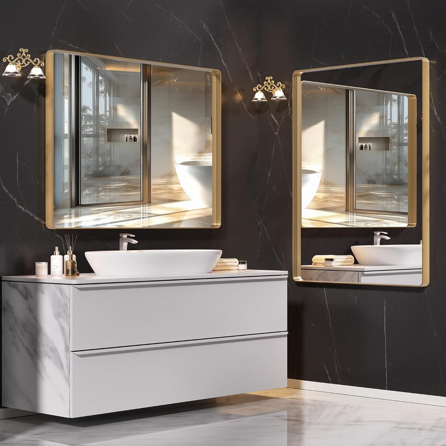 Hasipu 2 PCS Bathroom Mirror for Wall, 36 x 28 Inch Gold Metal Framed Bathroom Mirrors for Over Sink, Rectangle Bathroom Vanity Mirror, Anti-Rust, Tempered Glass, Horizontal or Vertical