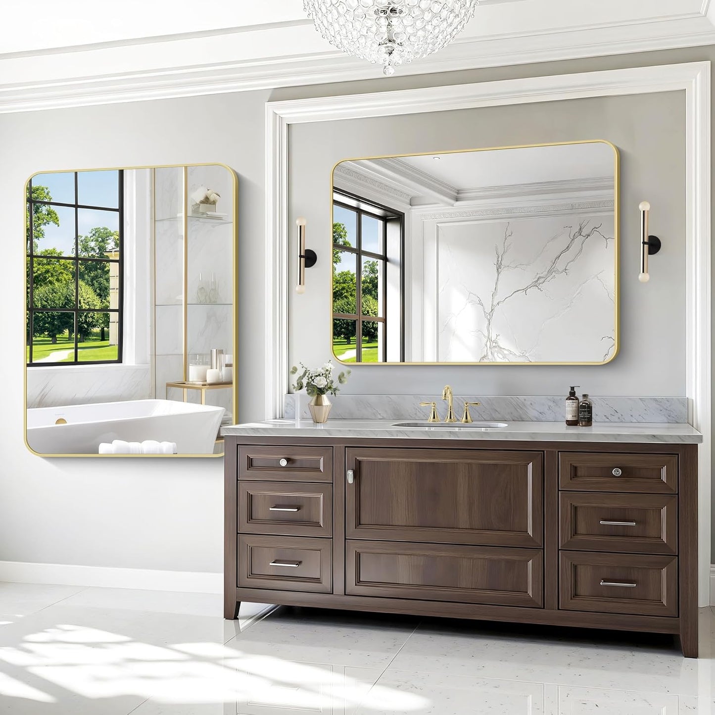 BONEWEI Gold Bathroom Mirror,36x48 inch Wall Mirror for Bathroom Wall Mounted,Round Rectangle Mirror for Bathroom Over Sink,Modern Frame for Home Decor Living Room,Bedroom Entryway,Horizontal/Vertical