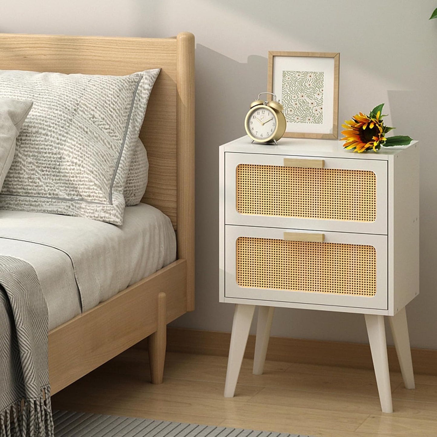 Rattan Nightstand, Wood End Table, Side Table with 2 Hand Made Rattan Decorated Drawers,Boho Bedside Table,Wood Accent Table with Storage for Livingroom, Bedroom, White CTG59W