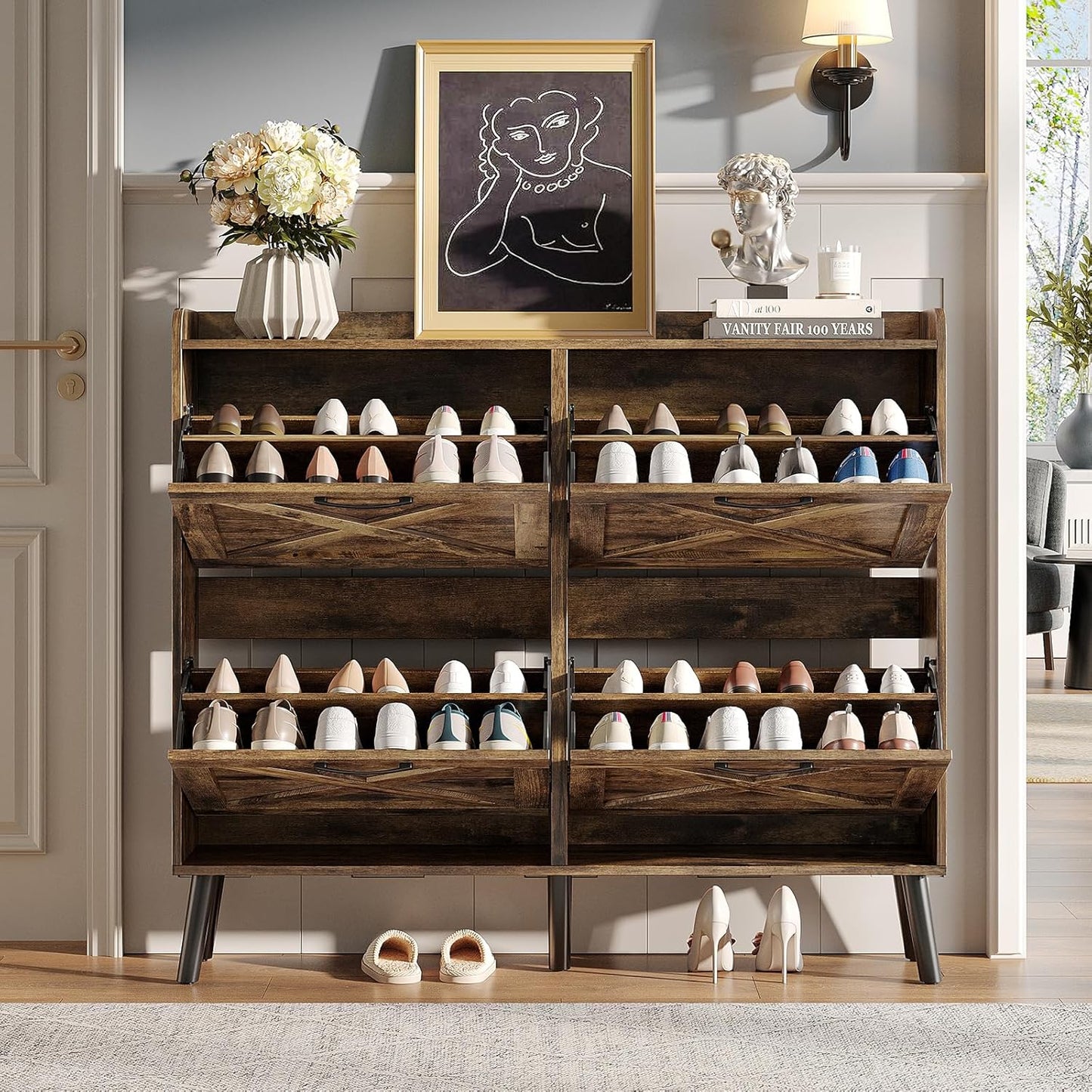 Maupvit Large Shoe Storage Cabinet with 4 Flip Drawers, Narrow Shoe Cabinet for Entryway with Wooden Legs, Freestanding Hidden Shoe Rack Organizer ＆ Metal Hinges, Rustic Brown