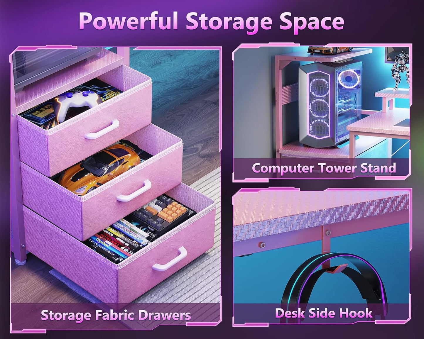 AODK 52 Inch Gaming Desk with USB Charging Ports & LED Light- Reversible Computer Desk with Storage Shelves & Monitor Stand, Modern Gamer Desk Table with Fabric Drawers & Side Hook, Carbon Fiber Pink