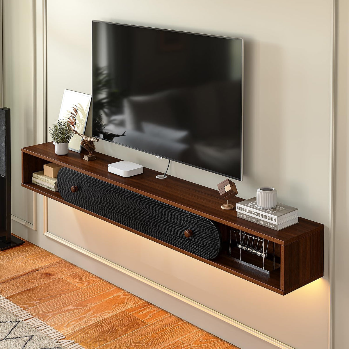 Floating TV Stand Wall Mounted 70'', Modern Media Console with 2 Open Cabinets and 1 Door,Wall Mount TV Console for Living Room Bedroom,Walnut and Black