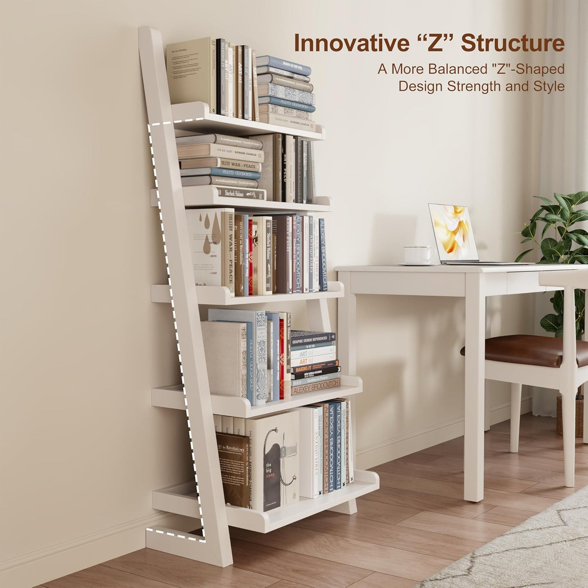 White Wooden Ladder Shelf with Edges, 5-Tier Modern Leaning Bookshelf Ladder – Stylish Space-Saving Bookcase for Living Room, Bedroom & Home Office