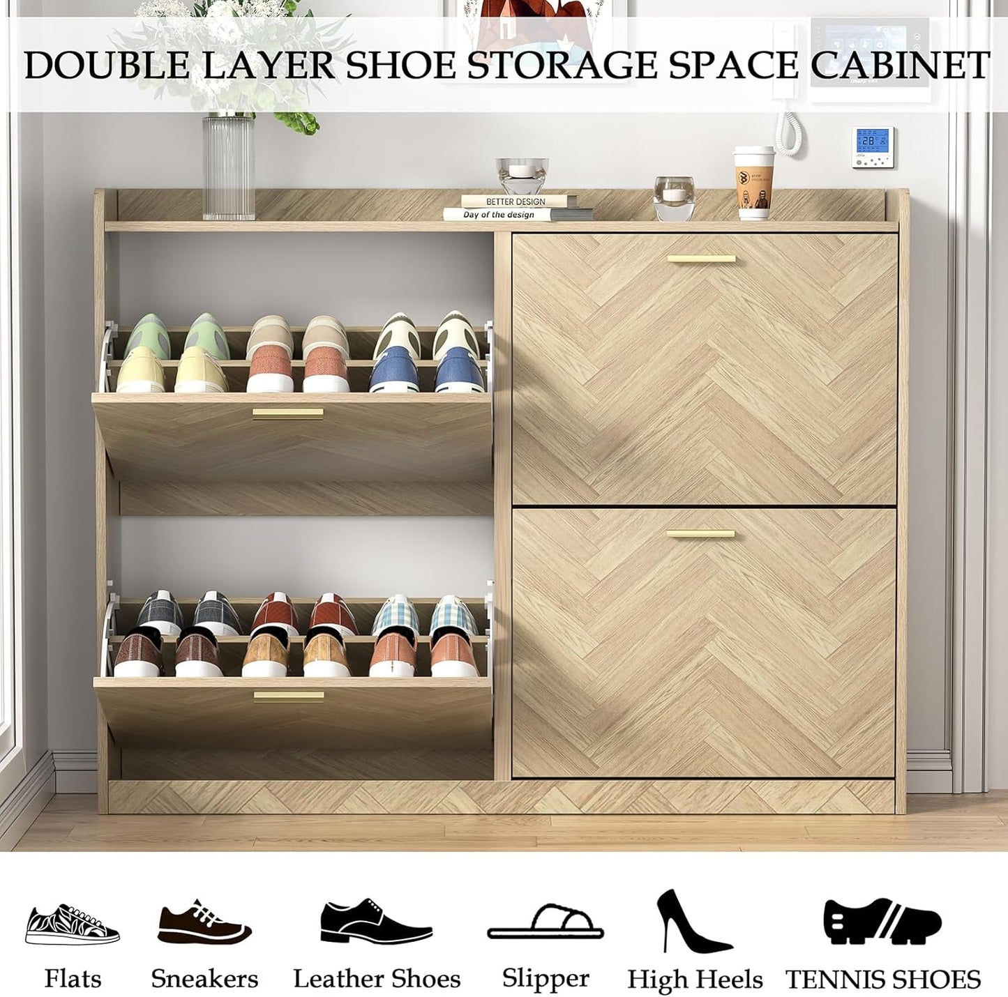 47" Large Shoe Cabinet with 4 Flip Drawers, Freestanding Shoe Storage Cabinet for Entryway, Hidden Shoe Cabinet Organizer with Adjustable Shelf, Narrow Shoe Rack for Entryway, Hallway, Oak