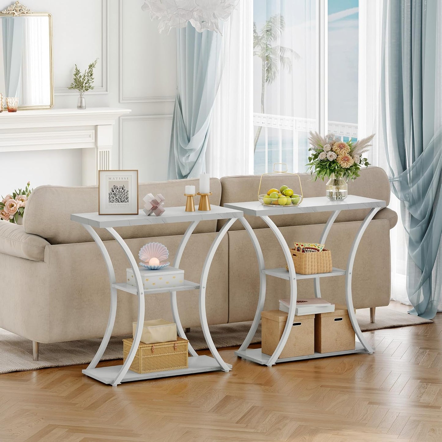 Hoctieon 3 Tier Console Table with Open Wood Shelves, Decorative Entryway Table with Curved Metal Frames, Narrow Sofa Table for Entrance, Living Room, Hallway, White Marbled