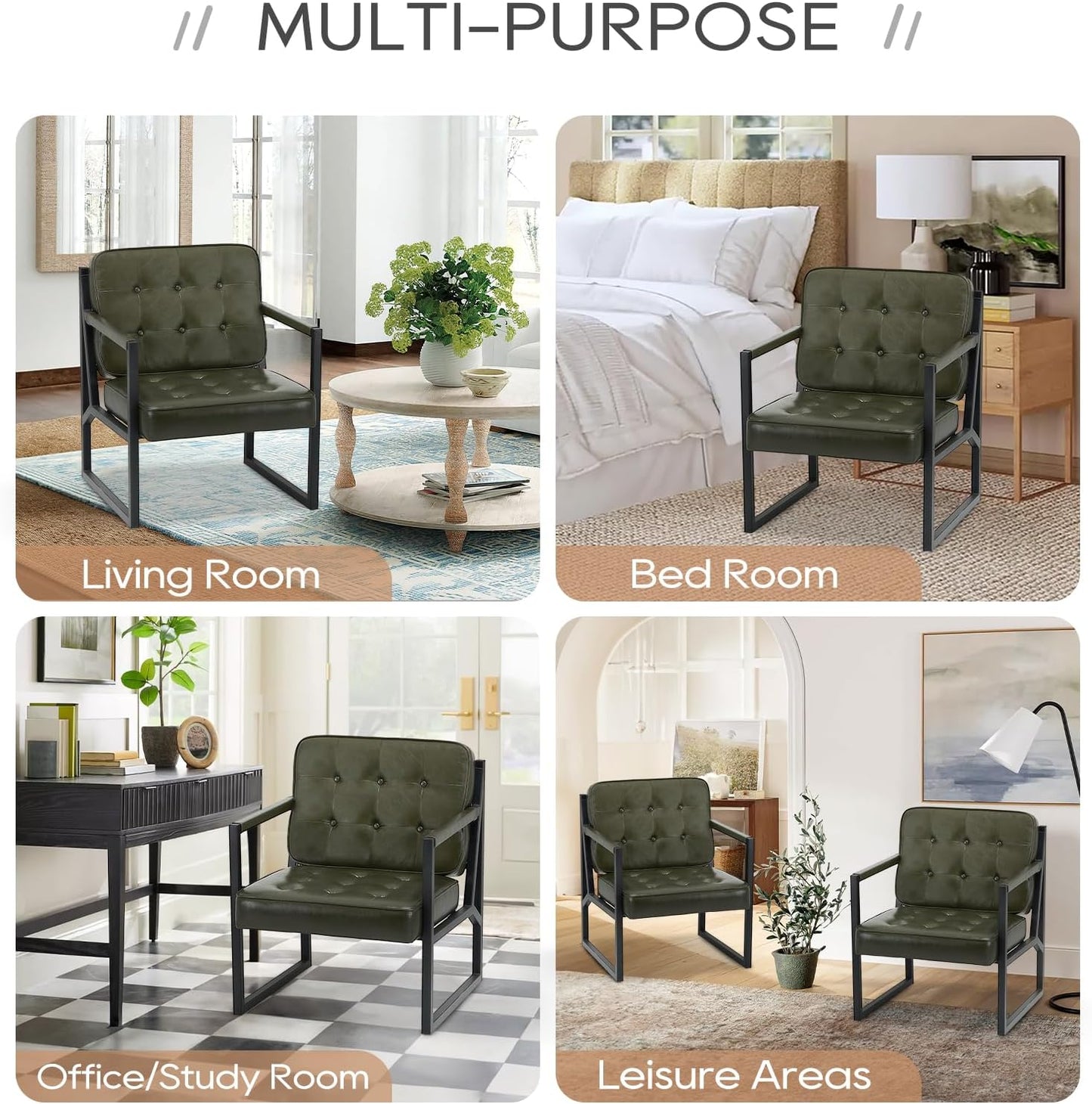 COLAMY Accent Chairs Set of 2, Modern Accent Arm Chairs for Living Room, Comfy Leather Armchairs with Metal Legs for Reception Waiting Room Office Lobby, Green