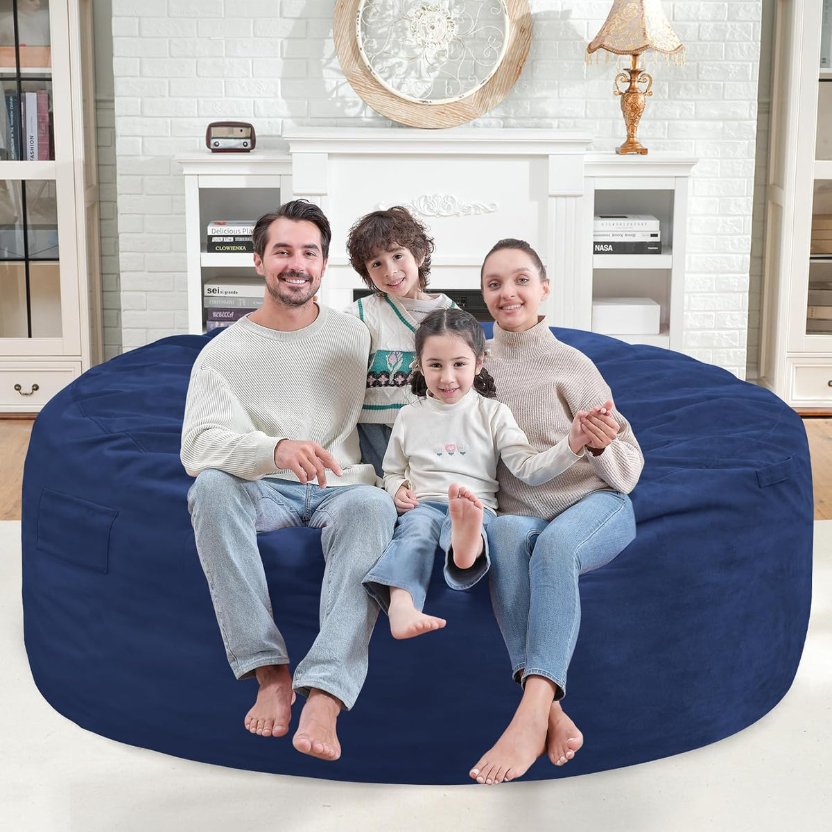 6FT Bean Bag Chair, Large Bean Bag Chairs with Memory Foam Filled, Fluffy Beanbag Sofa with Dutch Velvet Cover, Round BeanBag Chairs for Living Room, Playroom - Blue