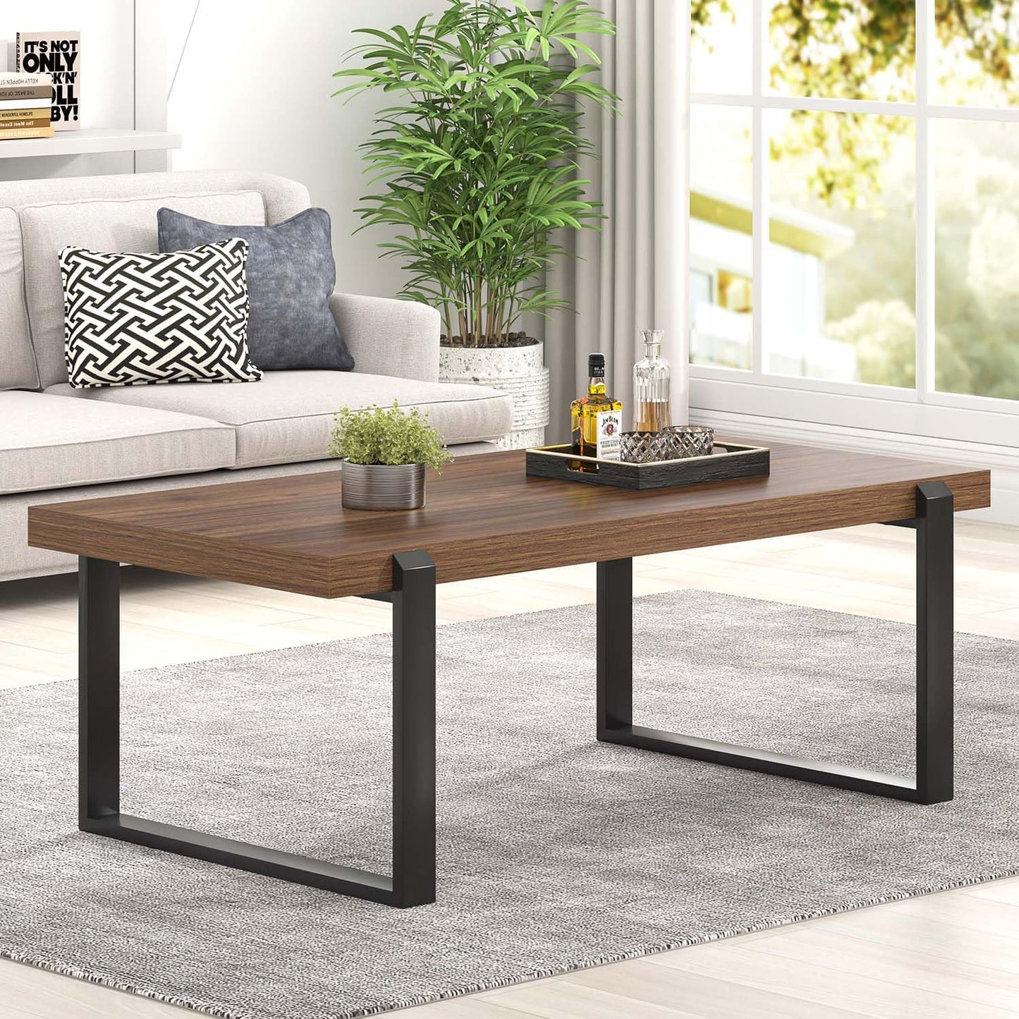 FOLUBAN Modern Coffee Table, Rustic Wood and Metal Center Table, Industrial Rectangle Cocktail Tea Table for Living Room, Walnut, 47 Inch