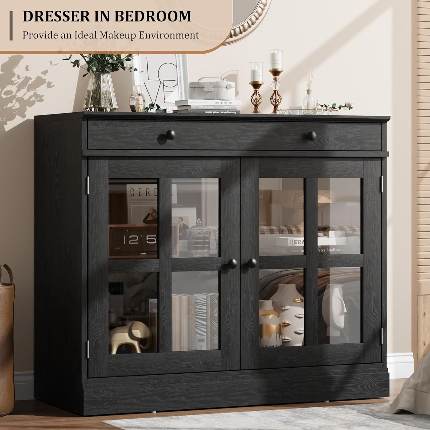 GarveeHome 35.4" Sideboard Buffet Cabinets with Glass Door, Buffet Cabinet with Storage, Black Sideboard Cabinet with Drawer, Modern Buffets & Sideboards for Dining Room, Kitchen