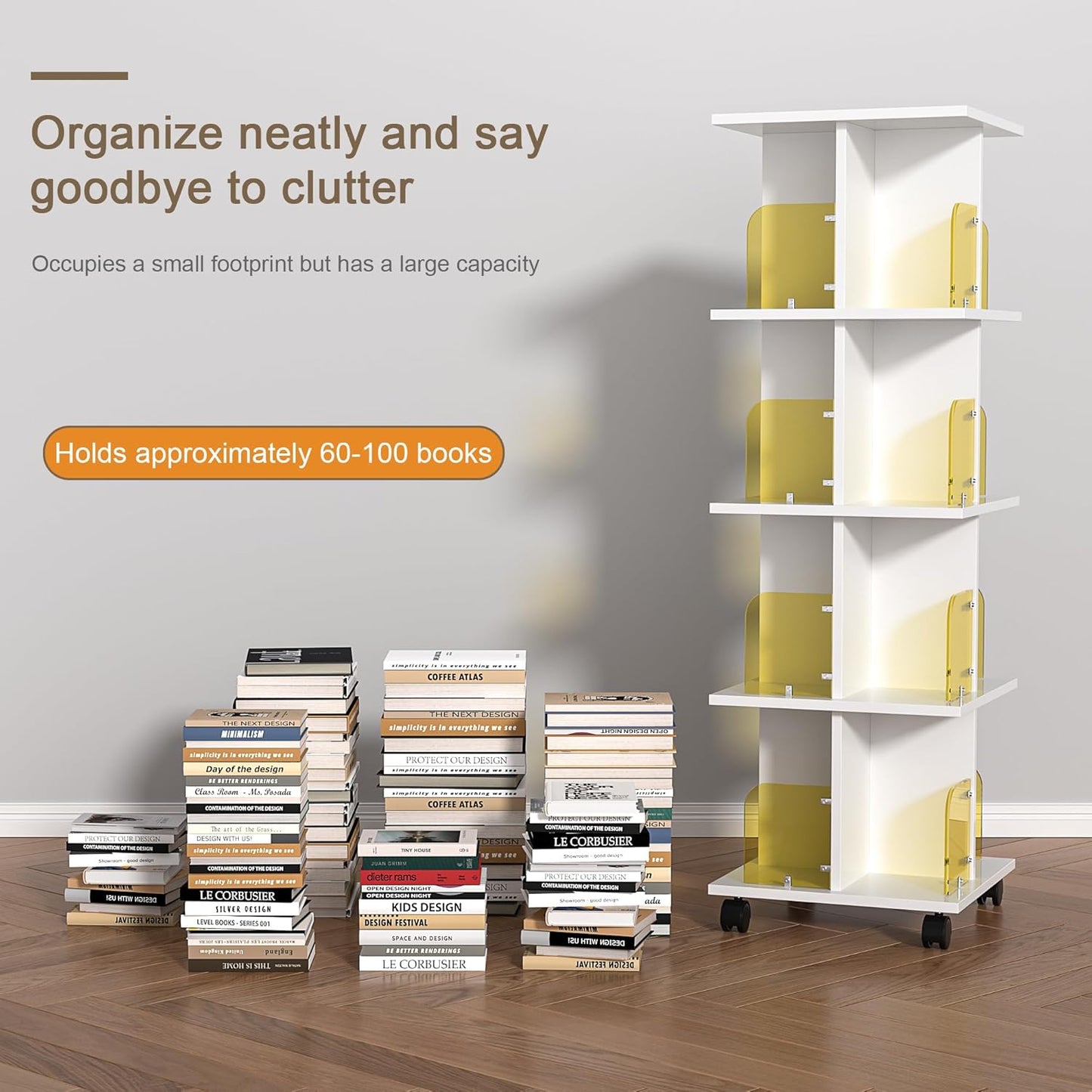 VECELO 4-Tier Rotating Bookshelf, Modern Swivel Bookcase for 360°Display,Stackable Square Book Shelves Floor-Standing Storage for Home Office, Solid Wood, Smooth Spinning, White