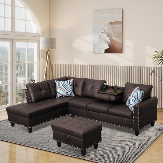 L Shaped Modular Sectional Sofa with Reversible Chaise Lounge, 5-Seater Corner Couch, PU Leather Convertible Sofá w/Movable Ottoman, Cup Holders, 2 Pillows and Rivet Ornament for Living Room