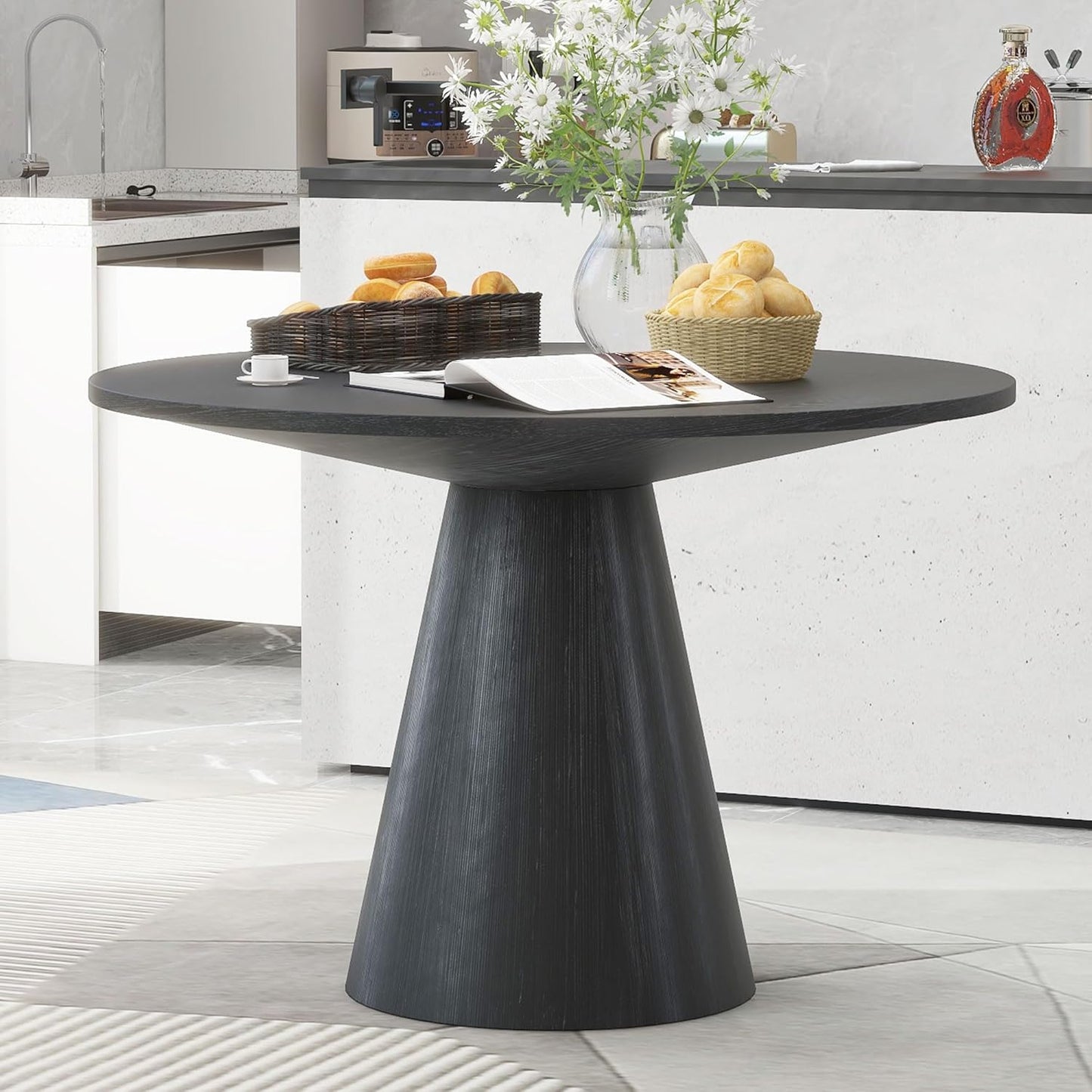 Wooden Kitchen Round Dining Table for 4-6, Round Kitchen Table with Circular Tabletop with Wood Pedestal Base, Rustic Farmhouse Furniture