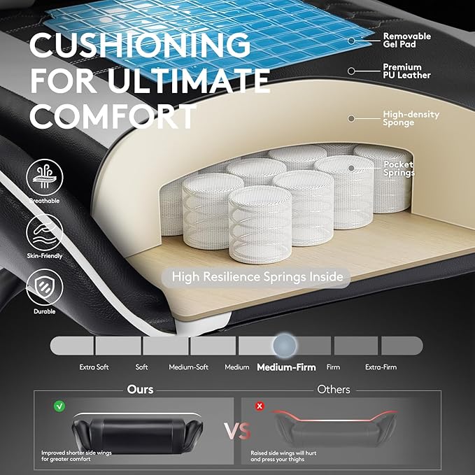 Gaming Chair,Computer Office Chair with Footrest,Massage Lumbar Support and Gel Pad,Ergonomic Reclining Adjustable Leather Gamer Chair with Headrest and Spring Cushion Black White