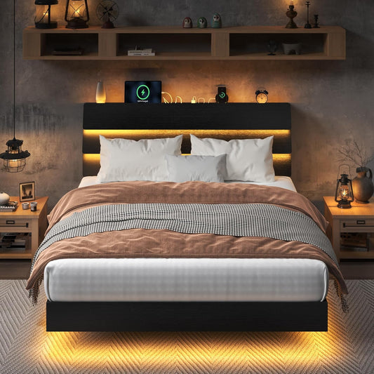 Feonase Floating Bed Frame Full with Led Lights and Charging Station, Wood Full Size Bed Frame with Storage Headboard, Heavy Duty Metal Slats, No Box Spring Needed, Easy Assembly, Noise-Free, Black