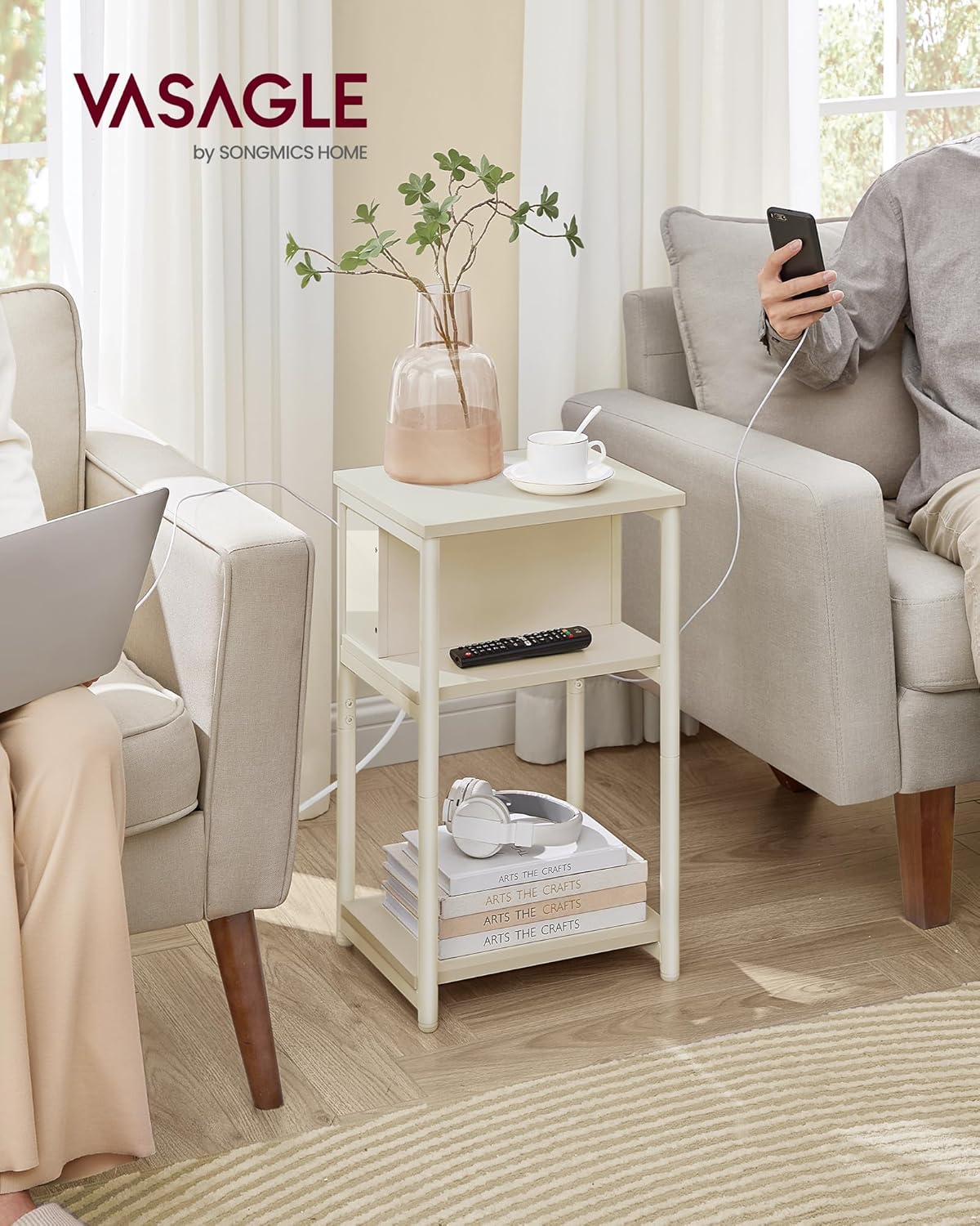 VASAGLE Side Table with Charging Station, 3-Tier End Table with USB Ports and Outlets, Nightstand for Living Room, Bedroom, 11.8 x 13.4 x 22.8 Inches, Plug-in Series, Cream White