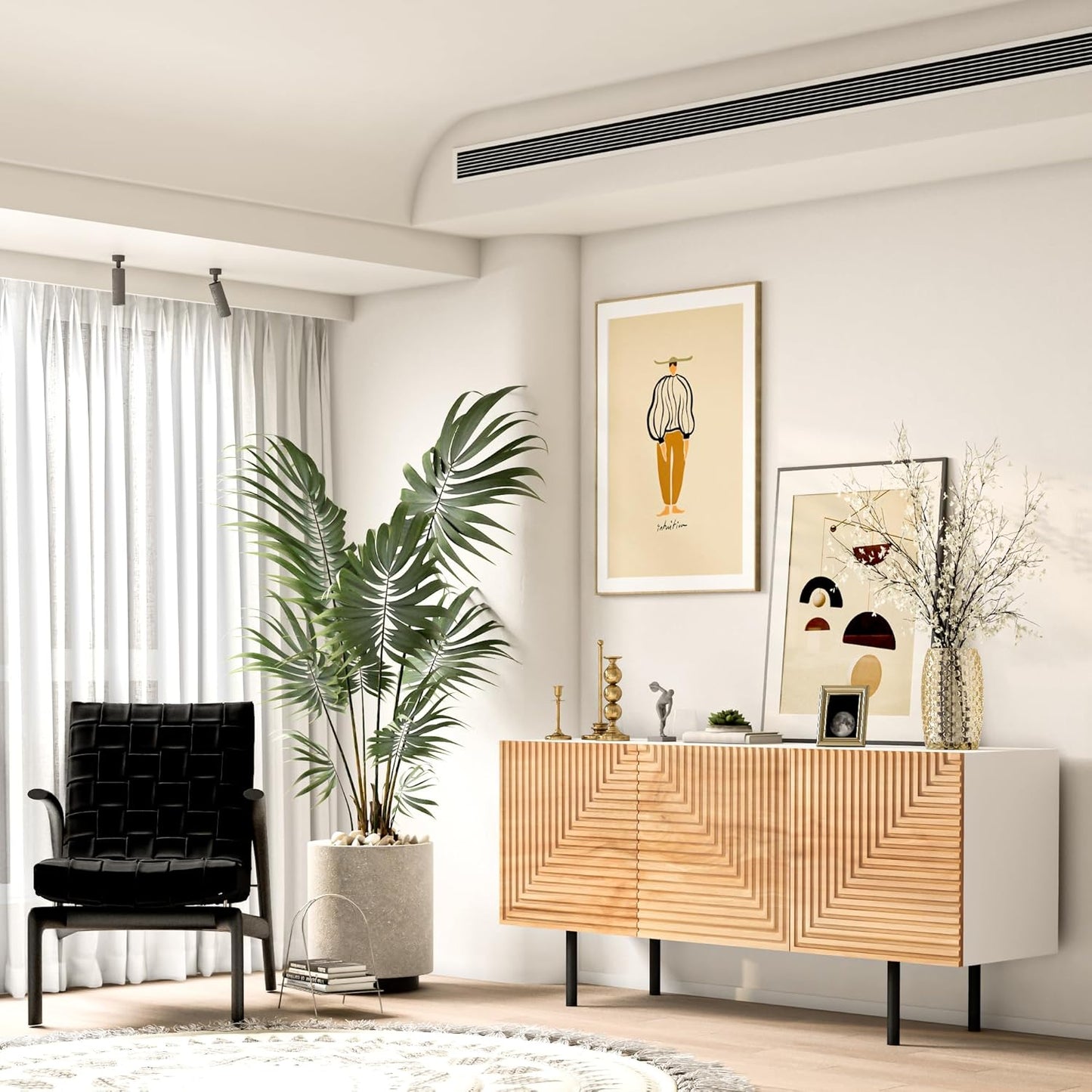 Roomfitters Mid Century Modern TV Stand for TVs up to 65", Boho Sideboard Buffet Cabinet Credenza, Media Console Entertainment Center for Living Room, Poplar Wood Print Carved and Geometric Design