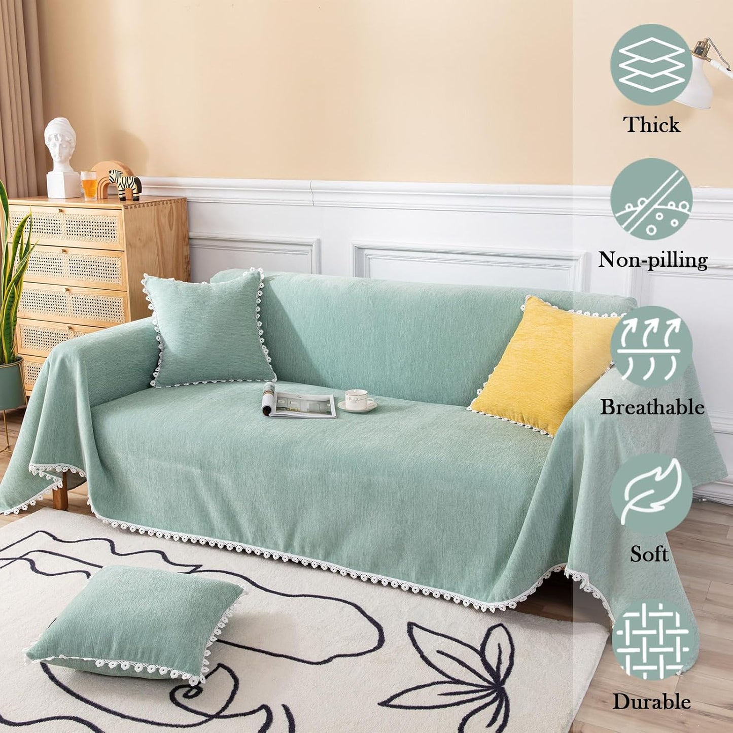 HANDONTIME Couch Cover for Sectional Sofa L Shape Light Green Cute Chenille Pet Couch Cover with Lace, Machine Washable, 71" X150