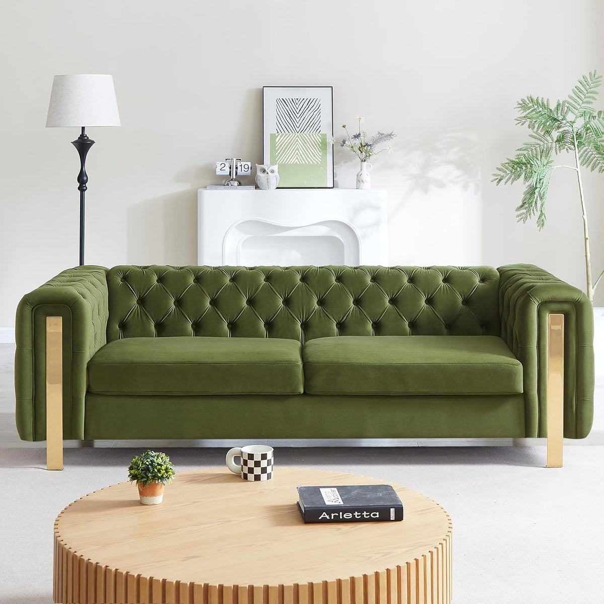 Merax Comfy 3-seat Sofa with Tufted Back and Arm and Gold Iron Legs, Modern Couch for Living Room, Bedroom, Apartment, Office, Green