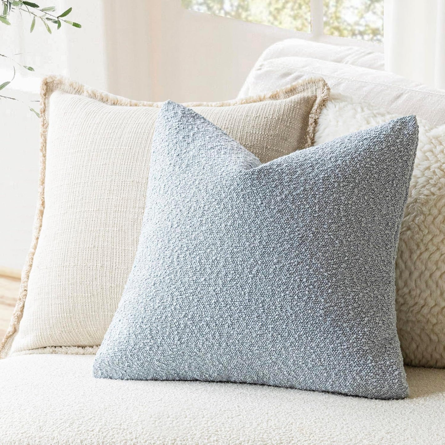 Foindtower Pack of 2 Modern Textured Boucle Throw Pillow Covers Accent Solid Decorative Pillow Cases Cozy Woven Couch Cushion Case for Chair Sofa Bed Living Room Home Decor, 18 x 18 Inch, Light Blue