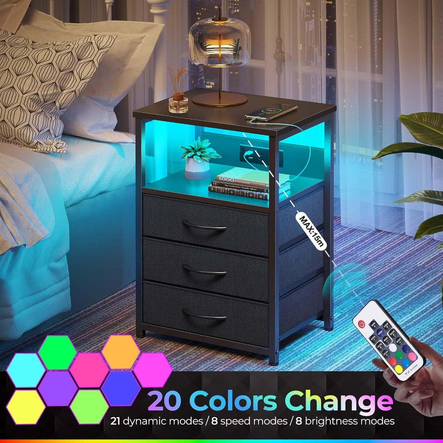 Seventable Nightstand with Charging Station and LED Light, Set of 2 Side Table with 3 Fabric Drawers, Bedside End Table with USB Ports and Outlets, Night Stand for Bedroom, Black