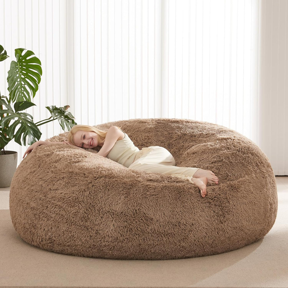 Stuffed Animal Storage Bean Bag Chair Cover (No Filler) Washable Ultra Soft Bean Bag Cover for Organizing Plush Toys or Textile, Sack BeanBag Covers for Adults, Teens, 6FT, Khaki