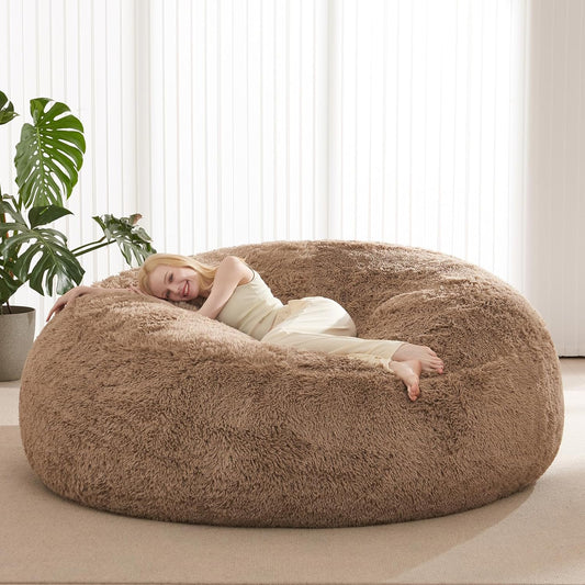 Fluffy Bean Bag for Stuffed Animals Storage, Faux Fur Washable Bean Bag Chair Cover(No Filler) for Textile Plush Toys, Beanbag Chair Cover for Adults Kids Teens, 5FT, Khaki