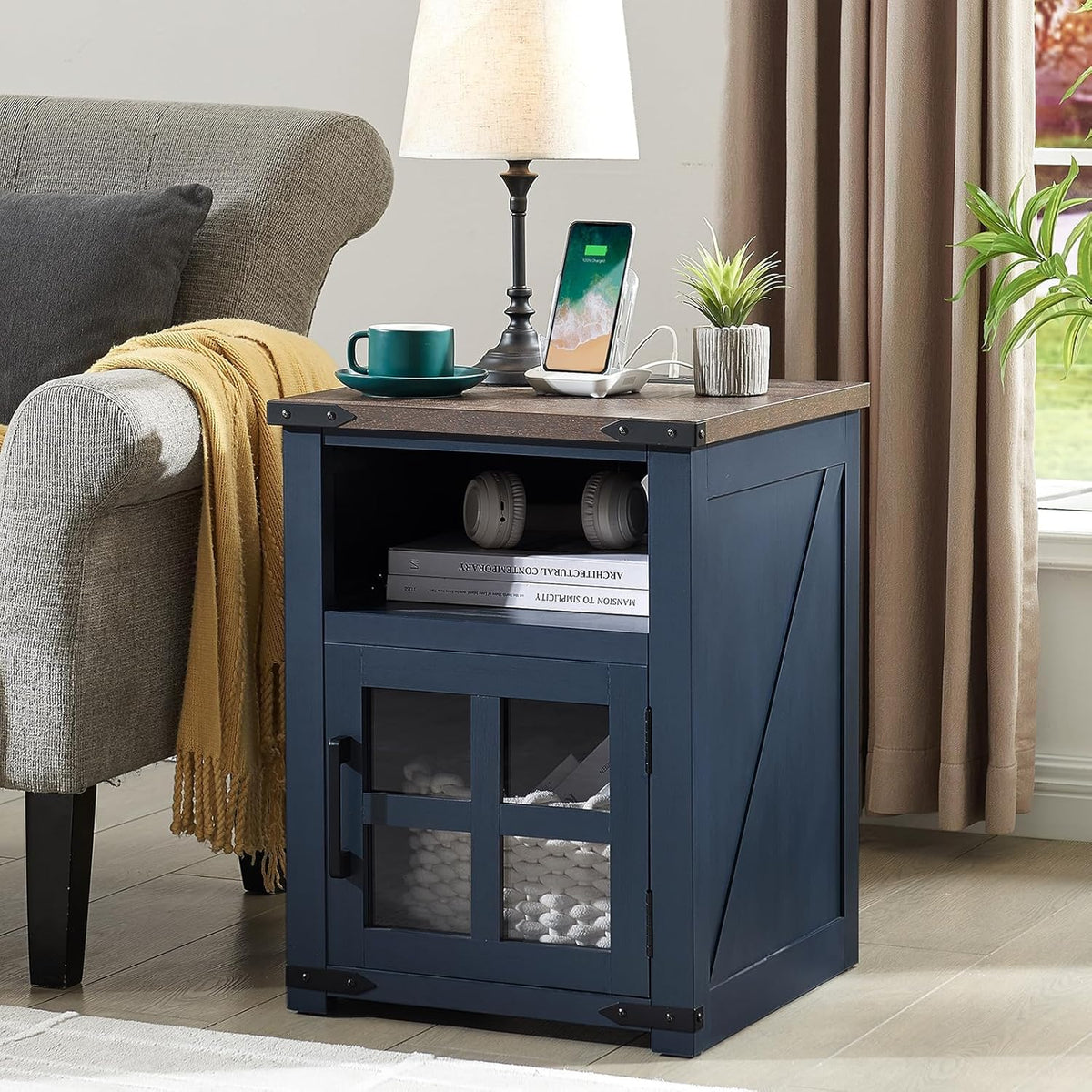 Farmhouse Nightstand with Charging Station, Rustic End Table with Tempered Glass Barn Door, Wood Sofa Side Bedside Table with Open Storage Shelf for Living Room, Bedroom, Blue, 2 Pack