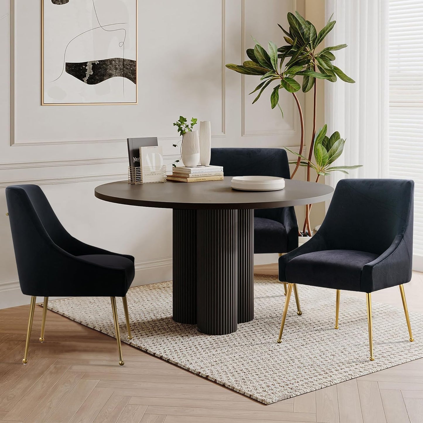Modern Velvet Dining Chairs Set of 2, Contemporary Upholstered Furniture Collection with Polished Gold Metal Legs, Elegant Accent Chairs for Kitchen Living Room(Black)