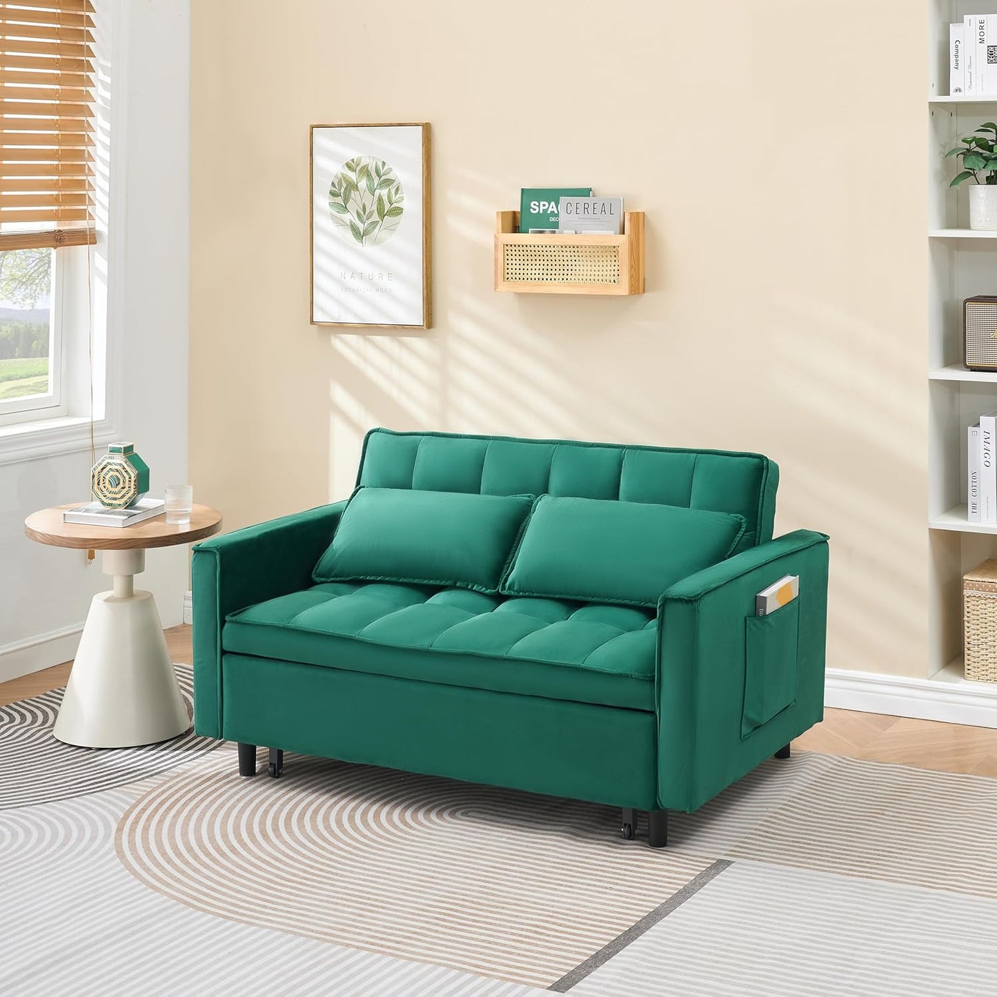 Ball & Cast 55" Convertible Sofa Bed,3 in 1 Sleeper Sofa W/Pull-Out Bed,Convertible Pull Out Couch W/2 Pillows,Adjustable Backrest & Side Pocket,Velvet Futon Couches for Living Room,Apartment,Green