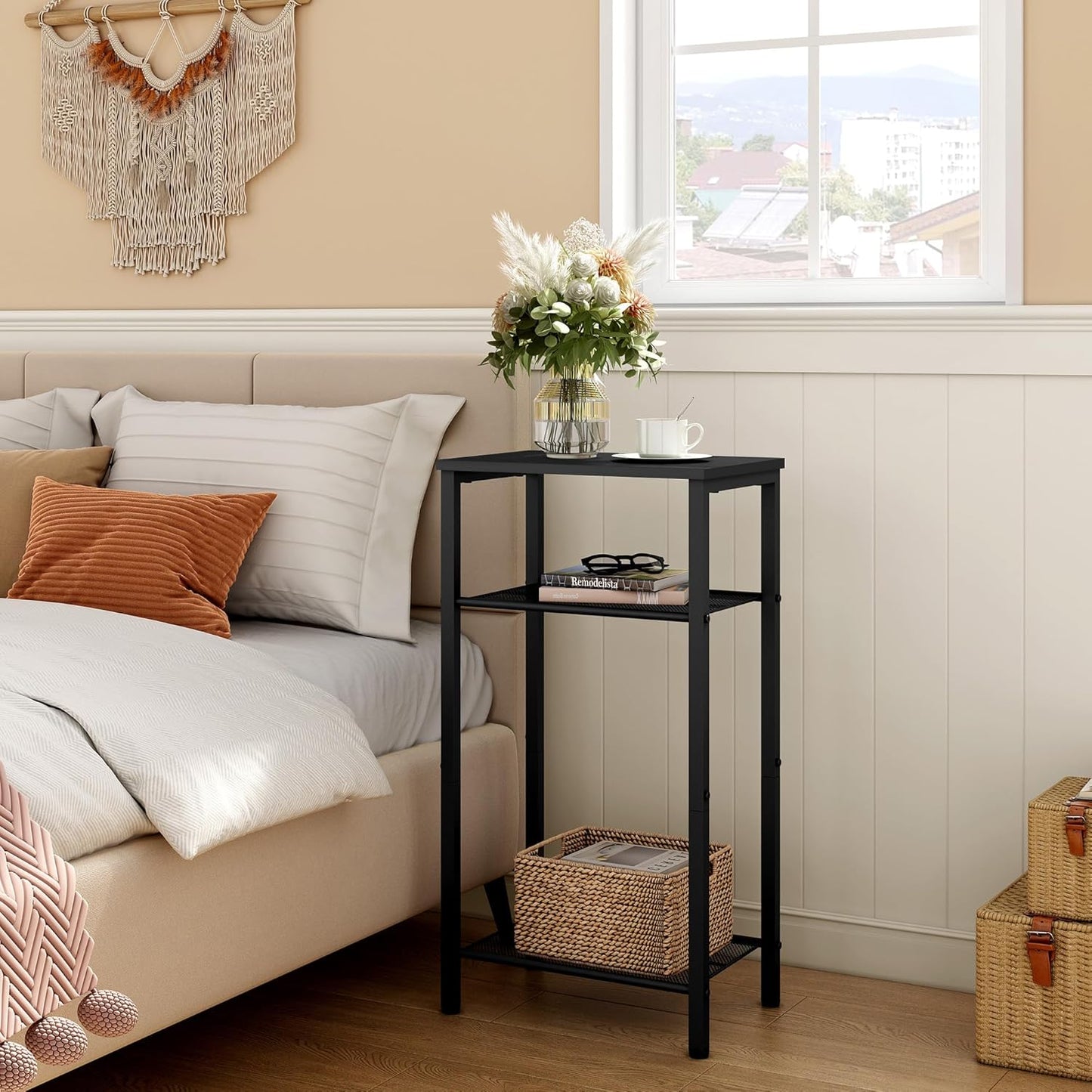 Hoctieon 2-Set 3 Tier End Table, Telephone Table Set of 2, Tall Side Table with Storage Set of 2, Small Nightstand for Small Spaces, Metal Frame, for Living Room, Bedroom, Sofa Couch, Black