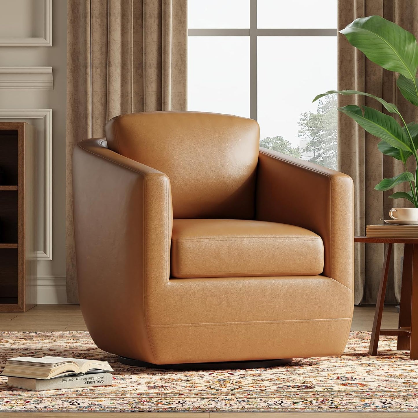 COLAMY 360° Swivel Accent Chair- Comfy Living Room Armchair No-Sag Foam & Sturdy Metal Base with Pillow, Fully Assembled Swivel Accent Single Sofa for Bedroom Living Room, Office, Brown