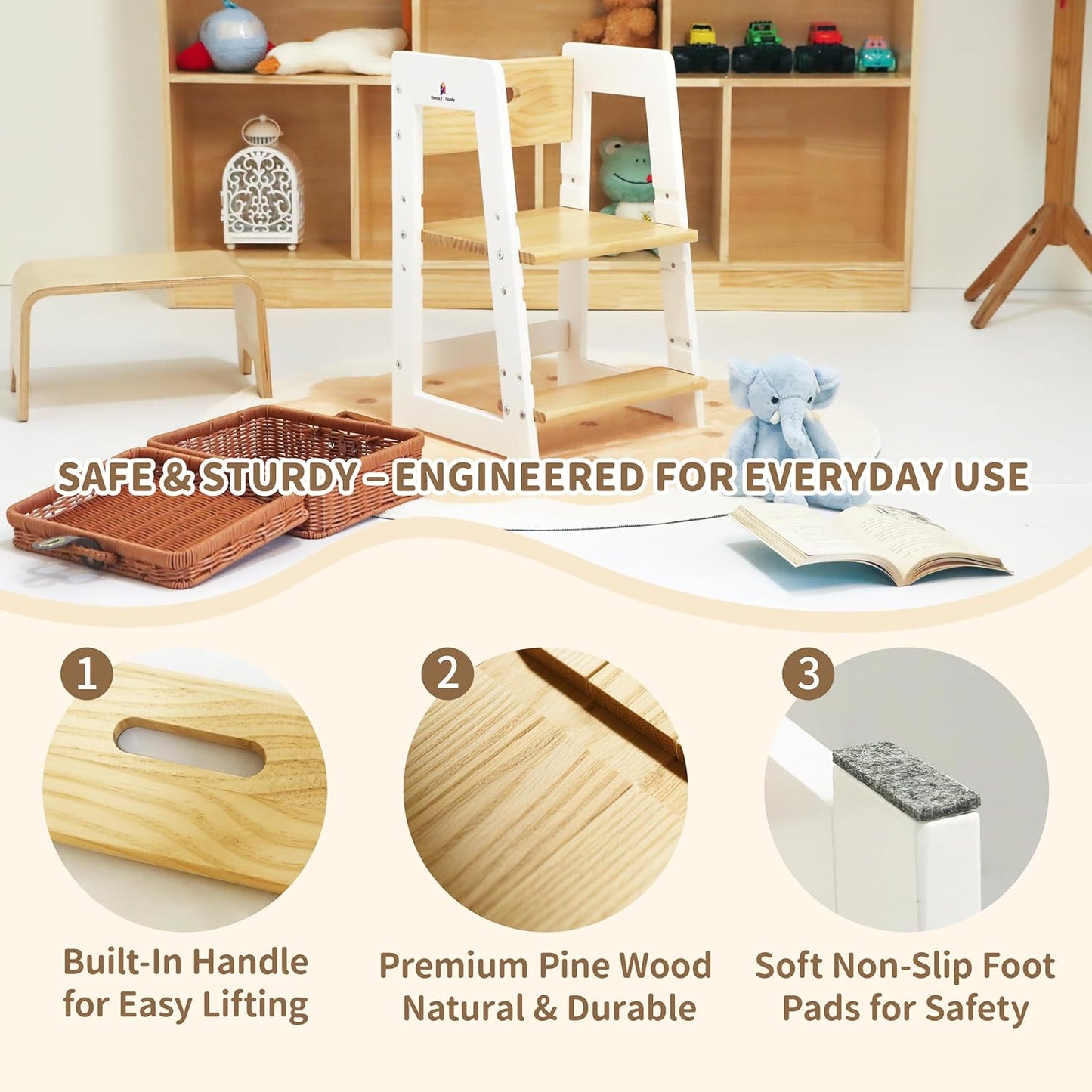 Damoch Family® Compact Toddler Chair & Wooden Step Stool with Adjustable Height – Montessori-Inspired Learning Helper for Kids’ Daily Routines in Kitchen & Bathroom