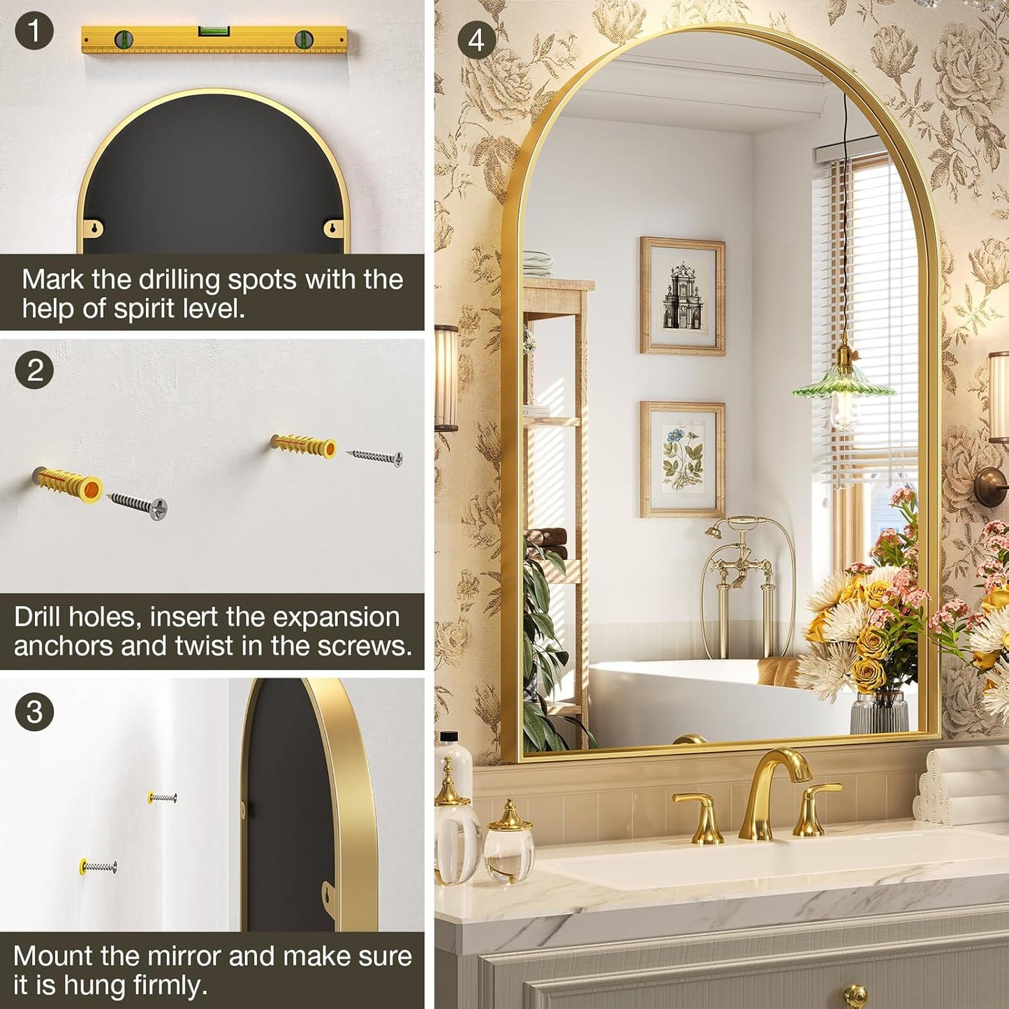 Brightify Arched Mirror, Arched Wall Mirror, 32 x 40 Inch Gold Arch Mirror, Metal Frame Gold Bathroom Mirror, Arched Top Bathroom Vanity Mirror for Living Room Bedroom Mantel Entryway Hallways