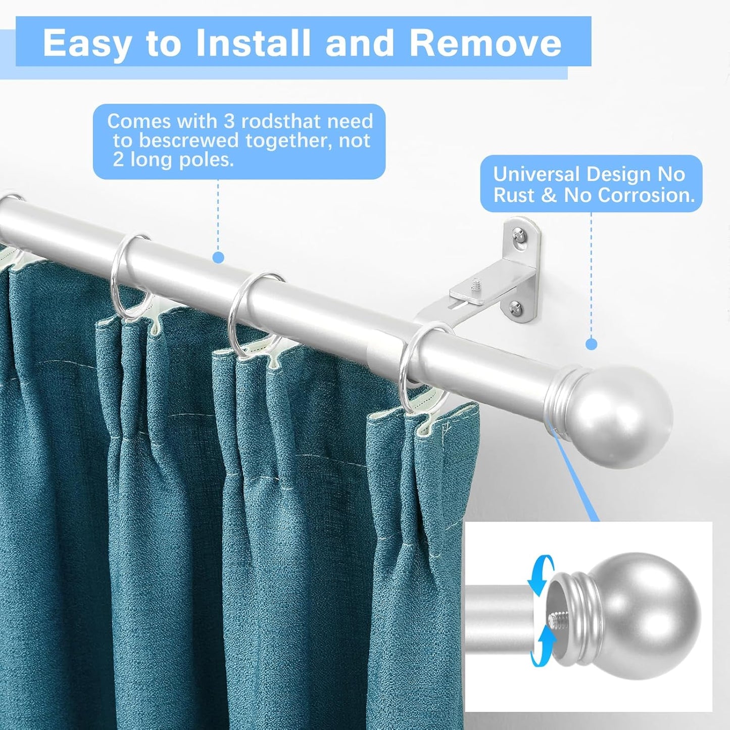 Curtain Rods for Windows 16 to 48 Inches, Curtain Rod Max Adjustable Length of 60 IN, 6/8" Diameter Drapery Rods Round Finials, Satin Silver, Pack of 2