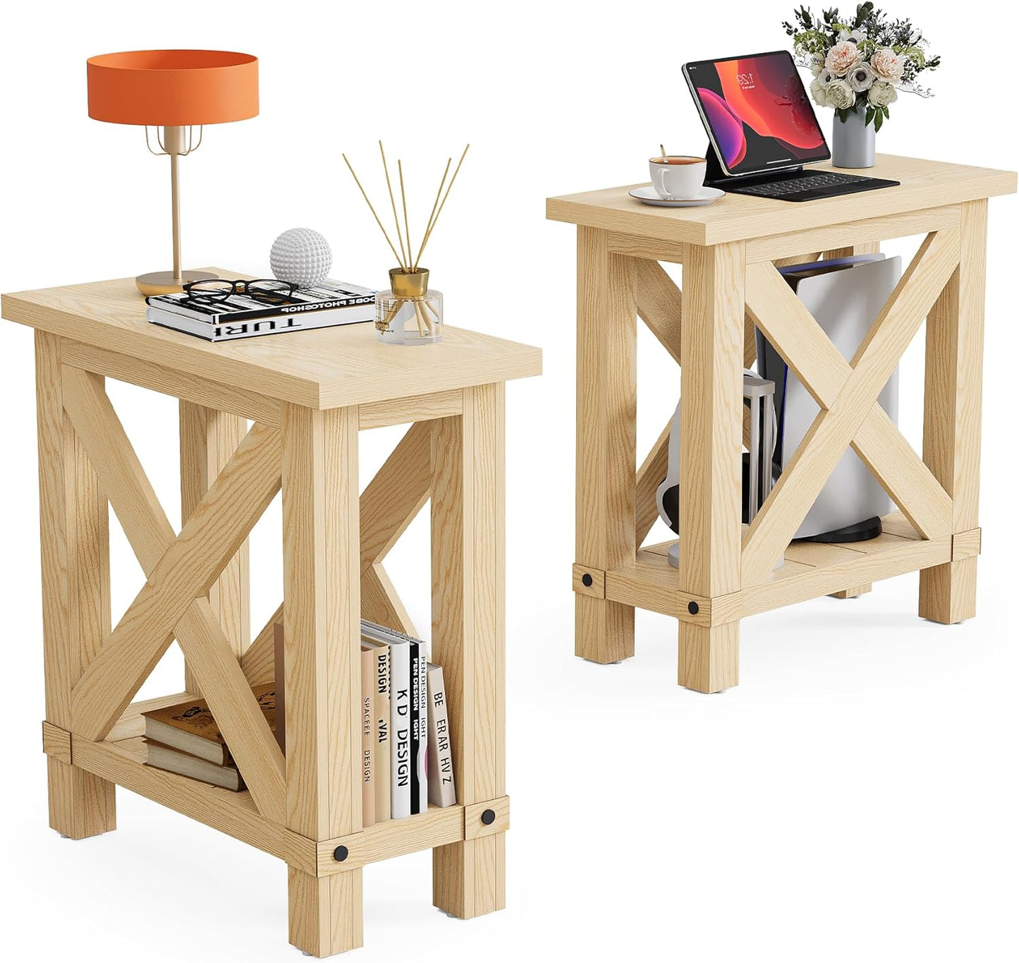 LITTLE TREE Farmhouse Side Table Set of 2, Narrow End Table for Space Saving, Bedside Furniture for Bedroom, Living Room, Small Spaces, Oak