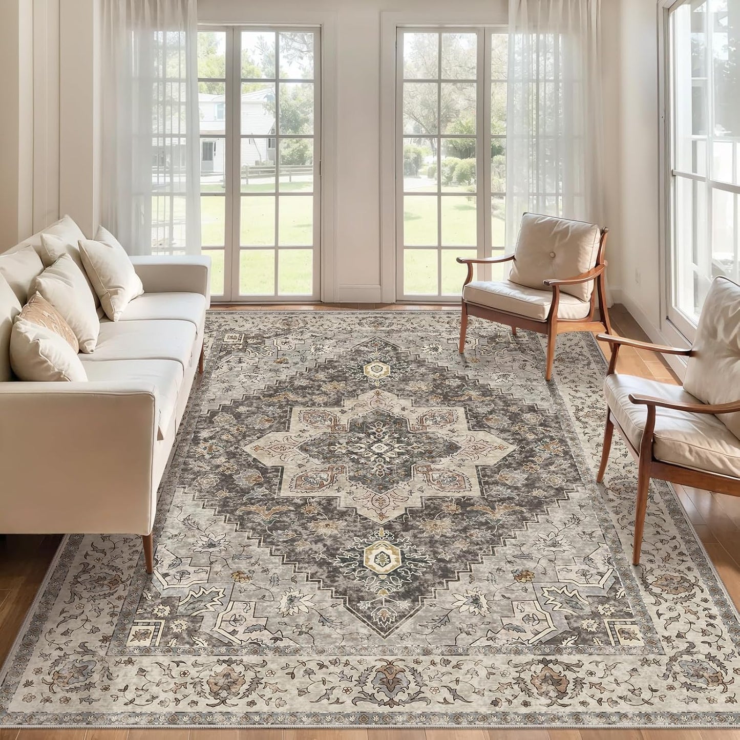 9x12 Vintage Area Rugs for Living Room, Washable Indoor Non Slip Large Area Rugs, Print Distressed Brown Carpet, Soft Low Pile Rug Foldable Floor Rug for Bedroom Dining Room Dorm