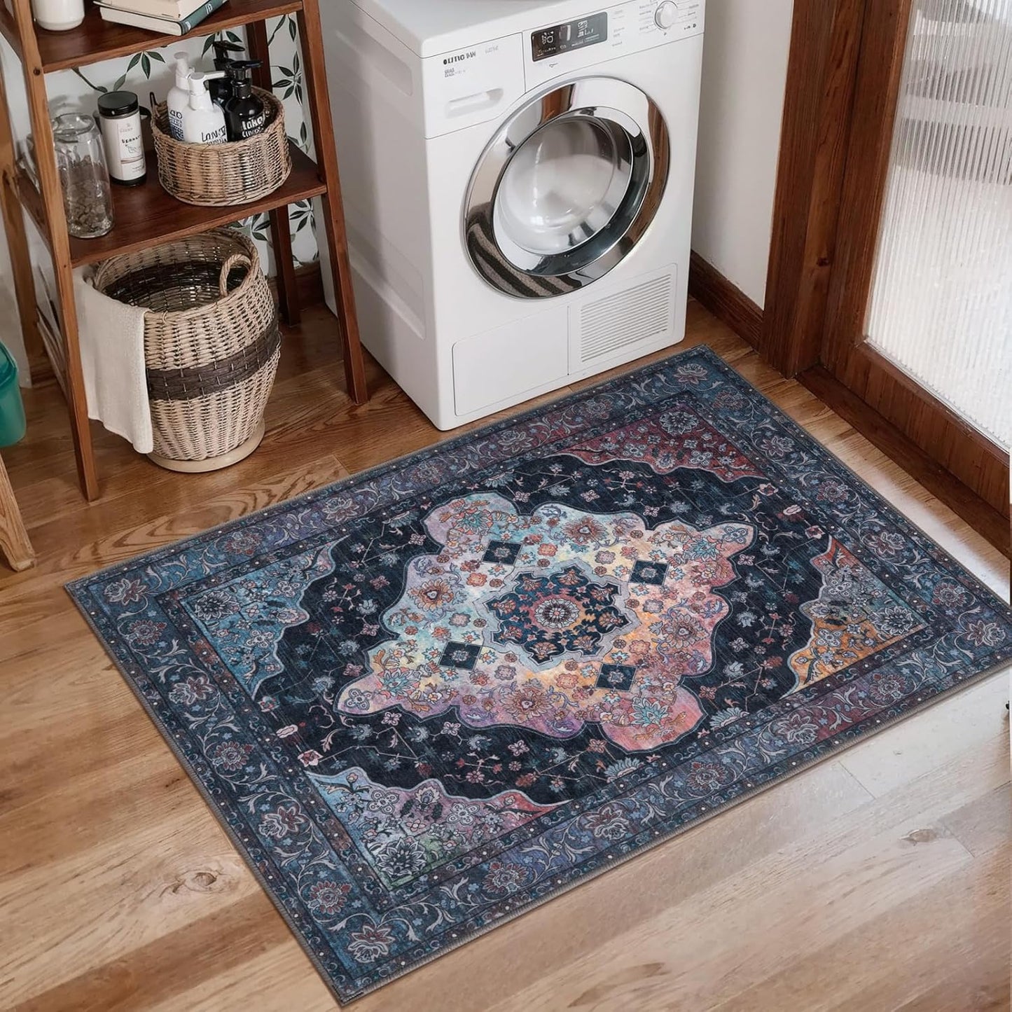 2x3 Entryway Rug, Vintage Rug with Non Slip Backing, Washable Rugs Low Pile Indoor Small Area Rug for Front Door Entrance Kitchen Bedroom Bathroom, Blue/Multi Retro Doormat Carpet