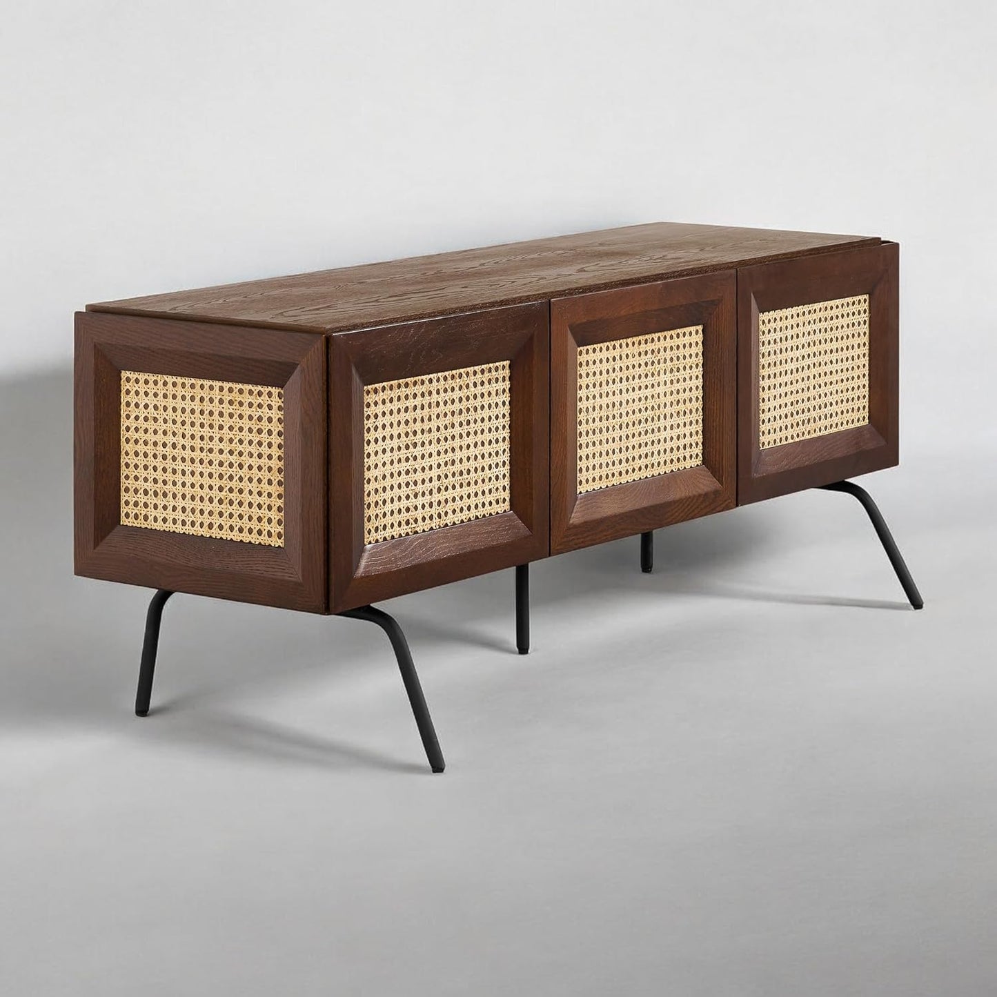 NTC Mossic TV Media Cabinet with 3 Doors for TVs, Entertainment Center with Natural Rattan, Metal Legs, Modern Storage Console for Living Room and Bedroom, Effortless Assembly, Dark Walnut