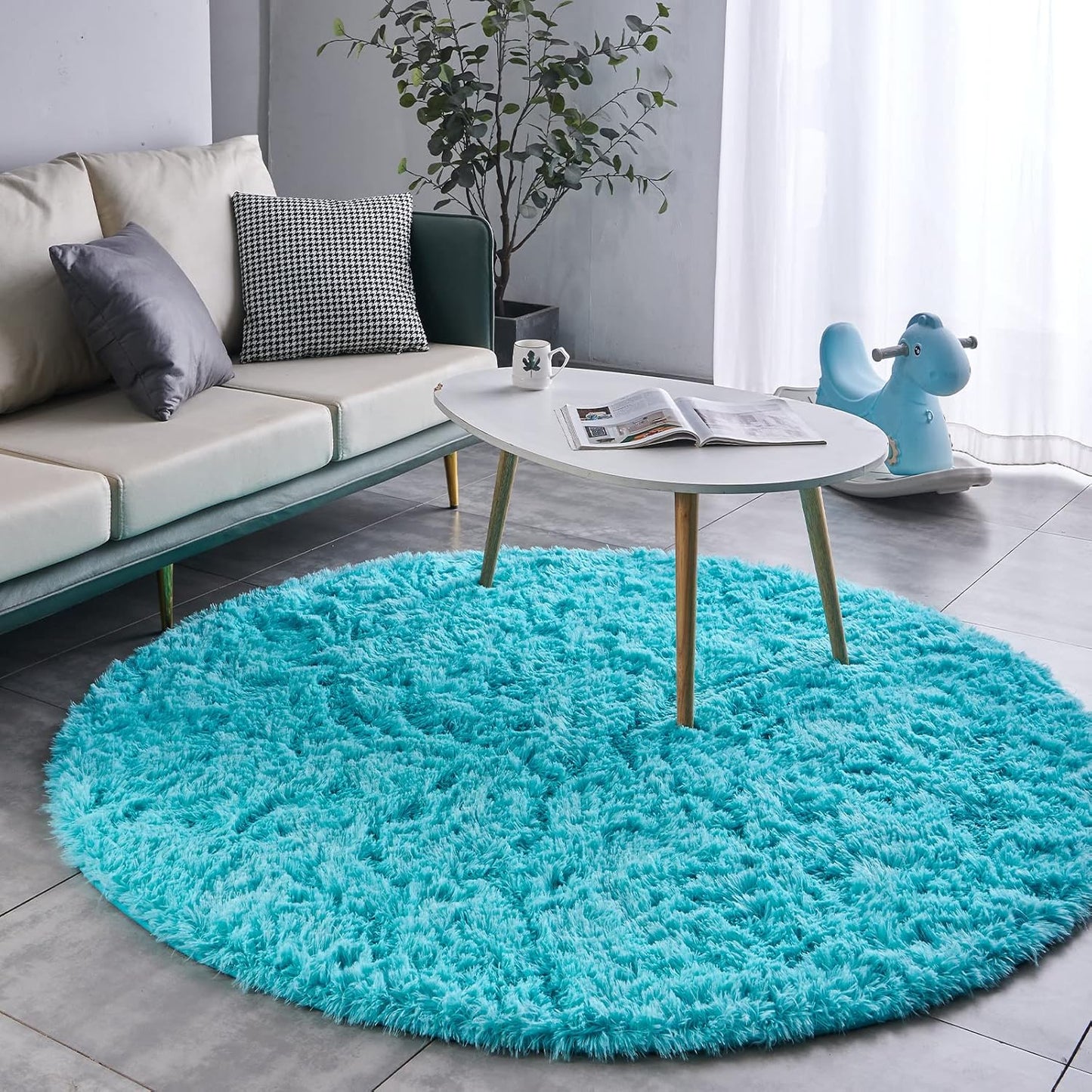 FJZFING Blue Round Rug Ultra-Soft Plush Modern 7x7 Circle Area Rug for Kid's Bedroom, Fluffy Shag Circular Rug for Nursery Room, Non-Slip Home Decor Cute Blue Carpet for Teen's Room