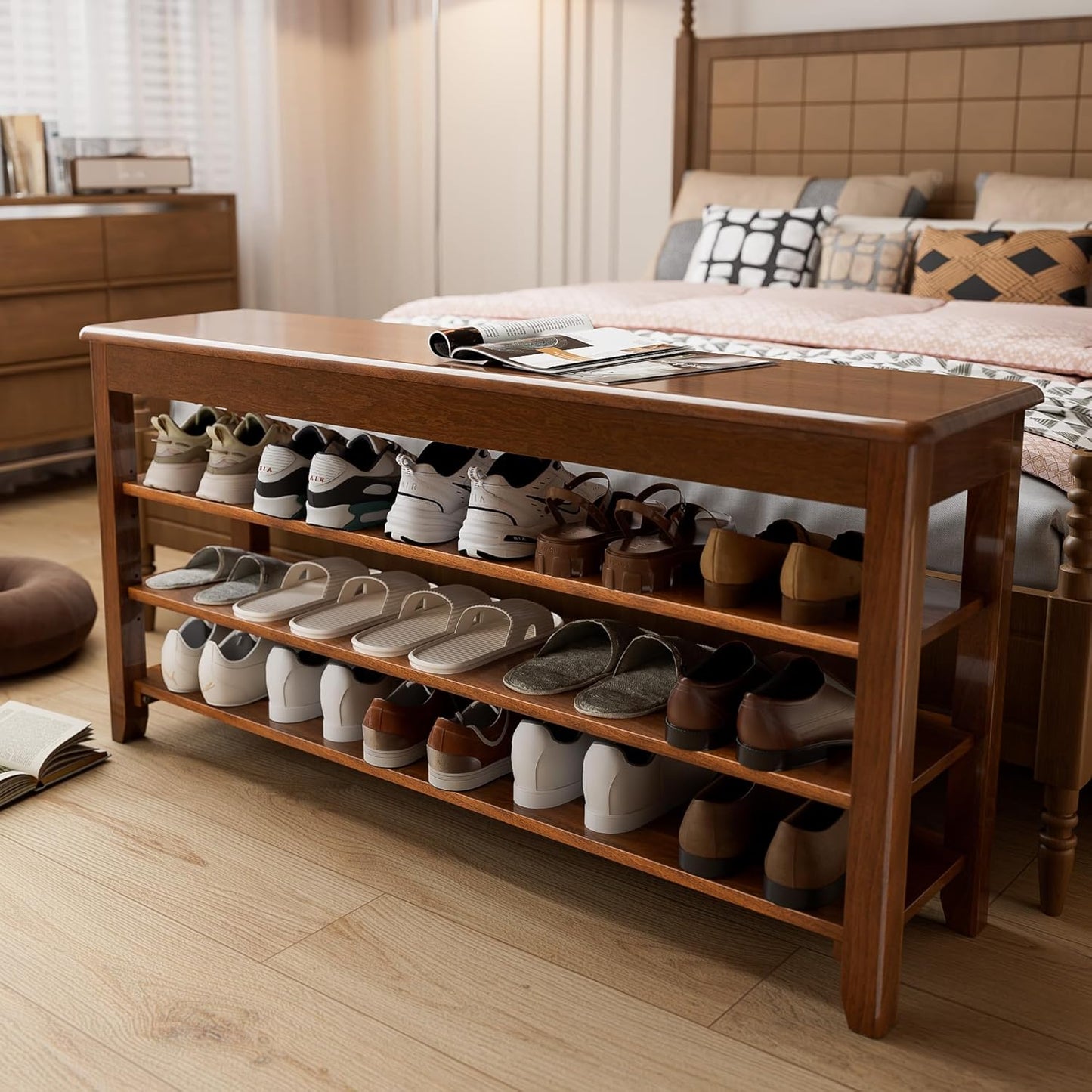 Shoe Storage Bench for Entryway - 4 Tier Shoe Rack for Front Door Entrance, Rubberwood Shoes Rack Height Adjustable, Entryway Bench with Shoes Storage for Any Room (Walnut, 47.2" W)